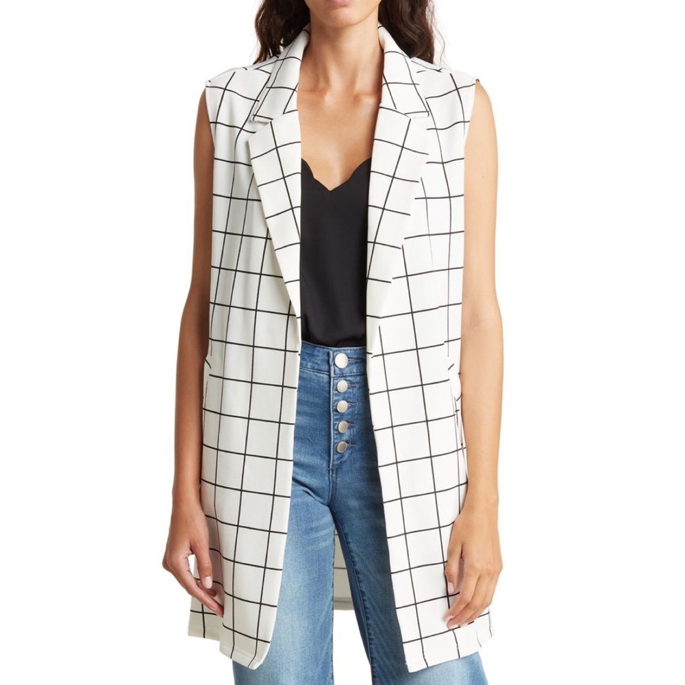 MELLODAY Windowpane Notch Collar Longline Vest in White/Black at Nordstrom Rack